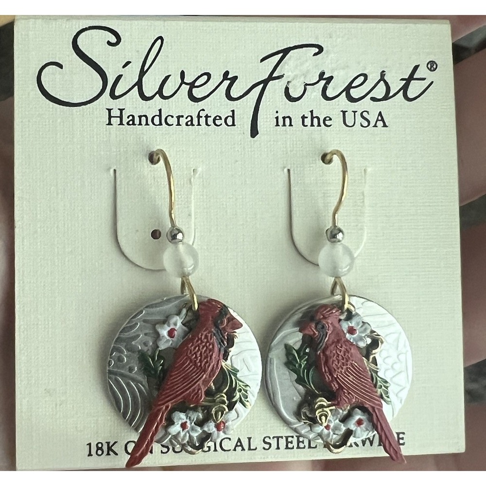Silver Forest Red Cardinal, Dangle Earrings‎